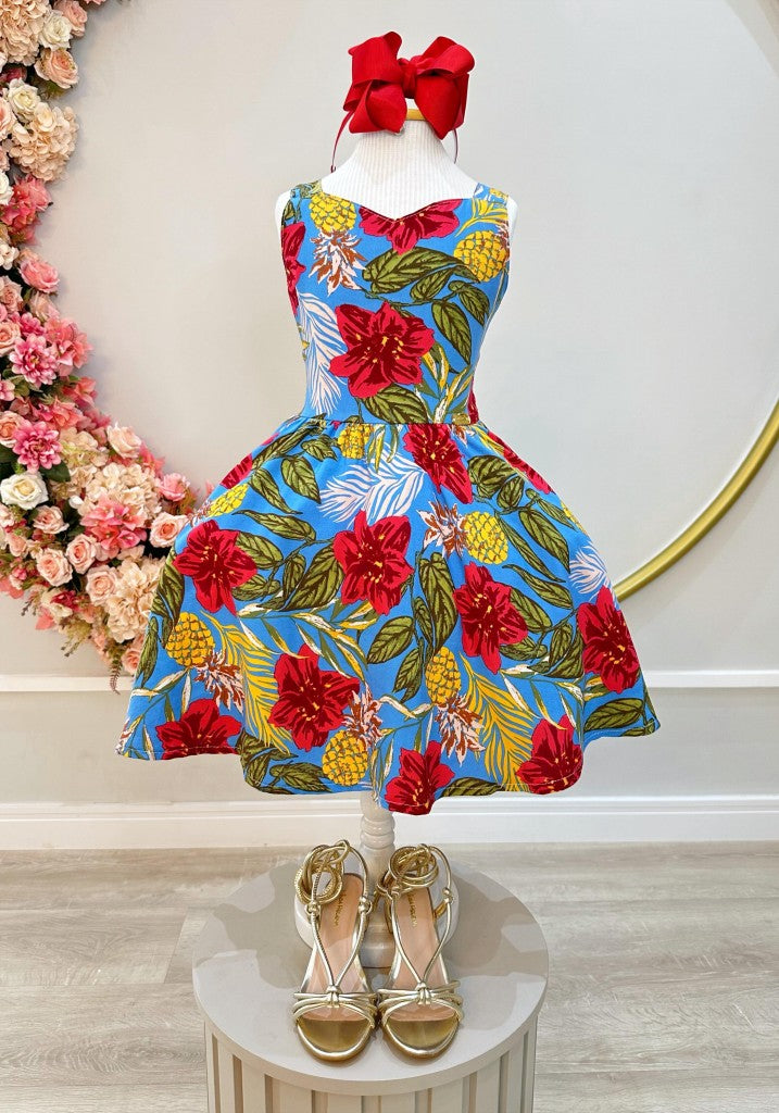 Vestido Infantil Azul Colorido Casual de Alça para Primavera e Verão