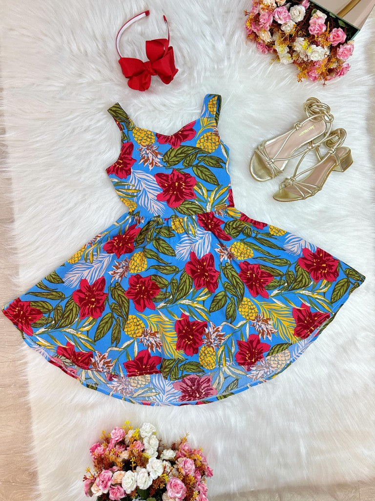 Vestido Infantil Azul Colorido Casual de Alça para Primavera e Verão