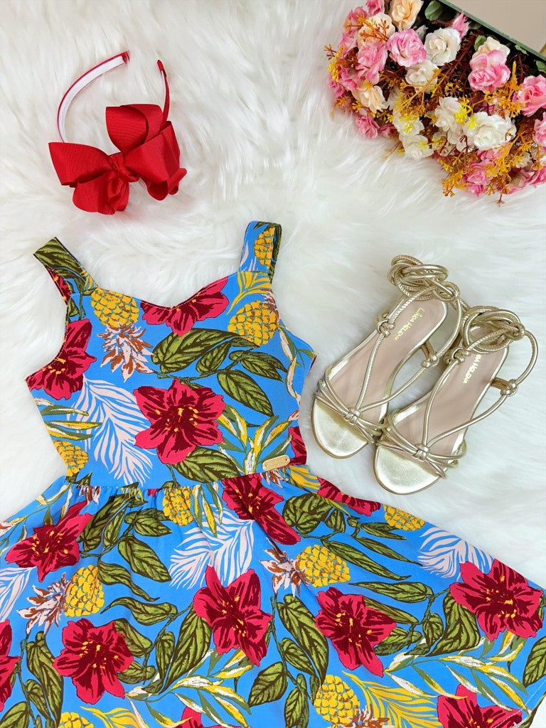 Vestido Infantil Azul Colorido Casual de Alça para Primavera e Verão