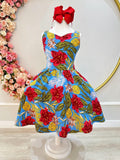 Vestido Infantil Azul Colorido Casual de Alça para Primavera e Verão
