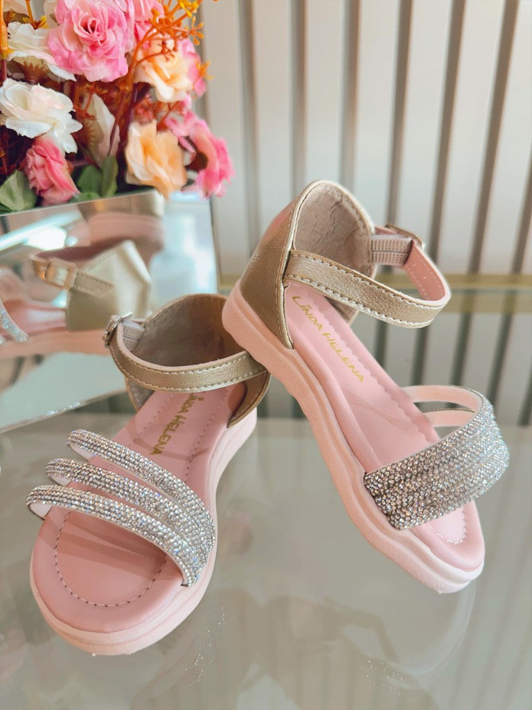 Sandália Dourada Infantil Com Brilho e Strass Para Estilo Casual