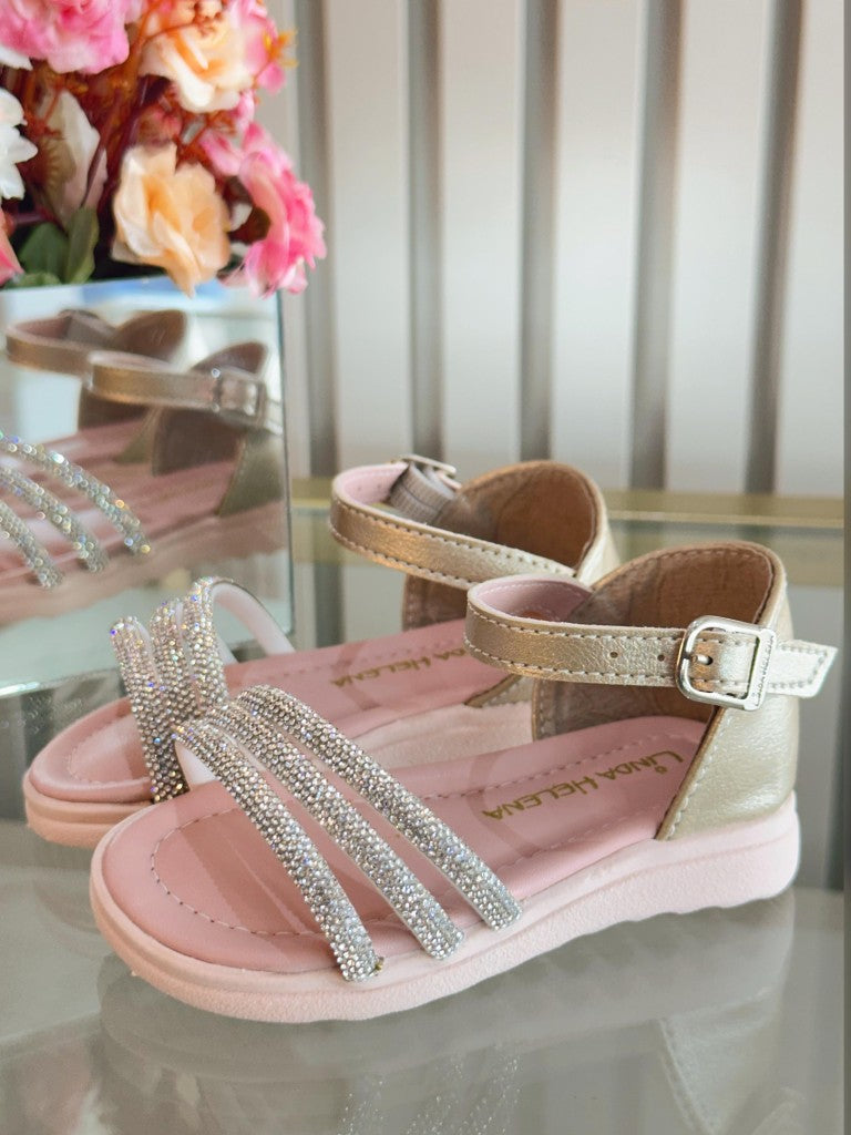 Sandália Dourada Infantil Com Brilho e Strass Para Estilo Casual