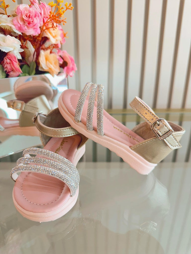 Sandália Dourada Infantil Com Brilho e Strass Para Estilo Casual