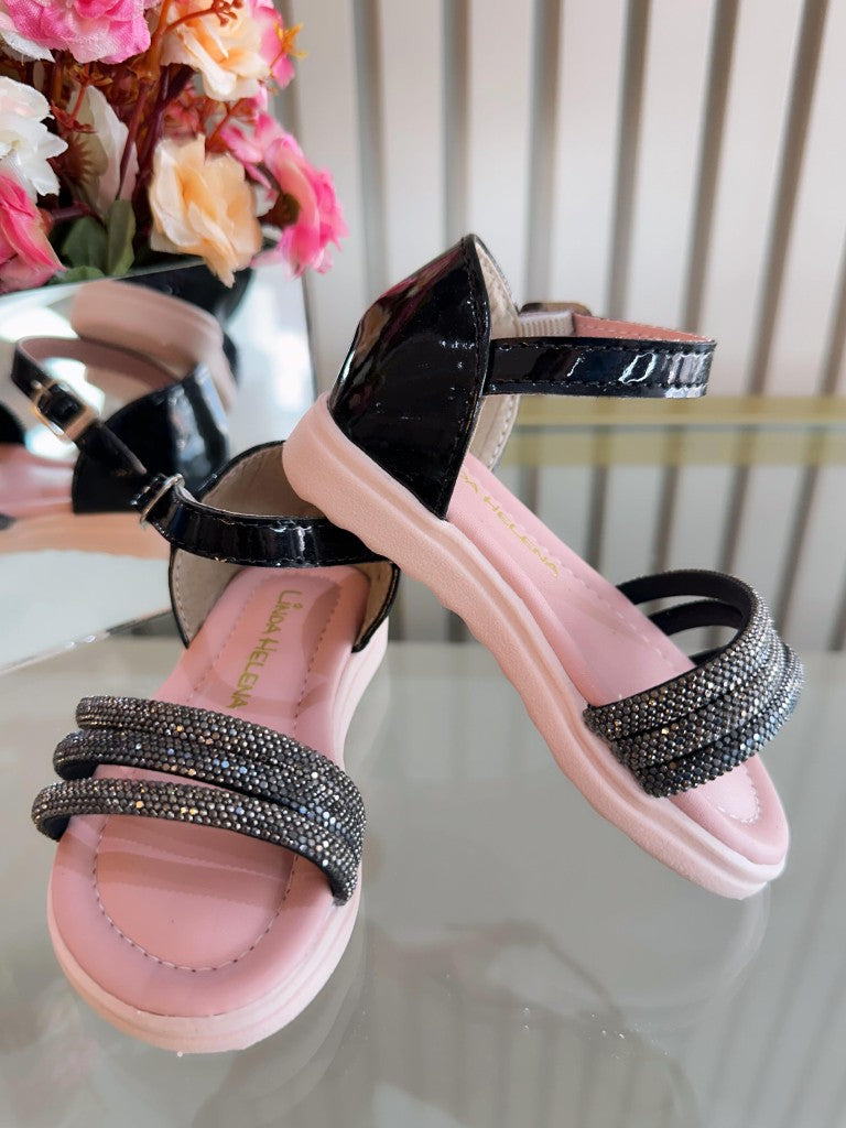 Sandália Infantil Luxo Preto Verniz com Strass
