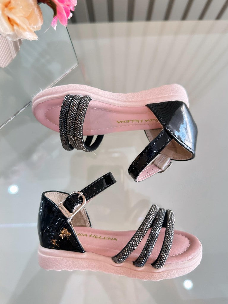 Sandália Infantil Luxo Preto Verniz com Strass