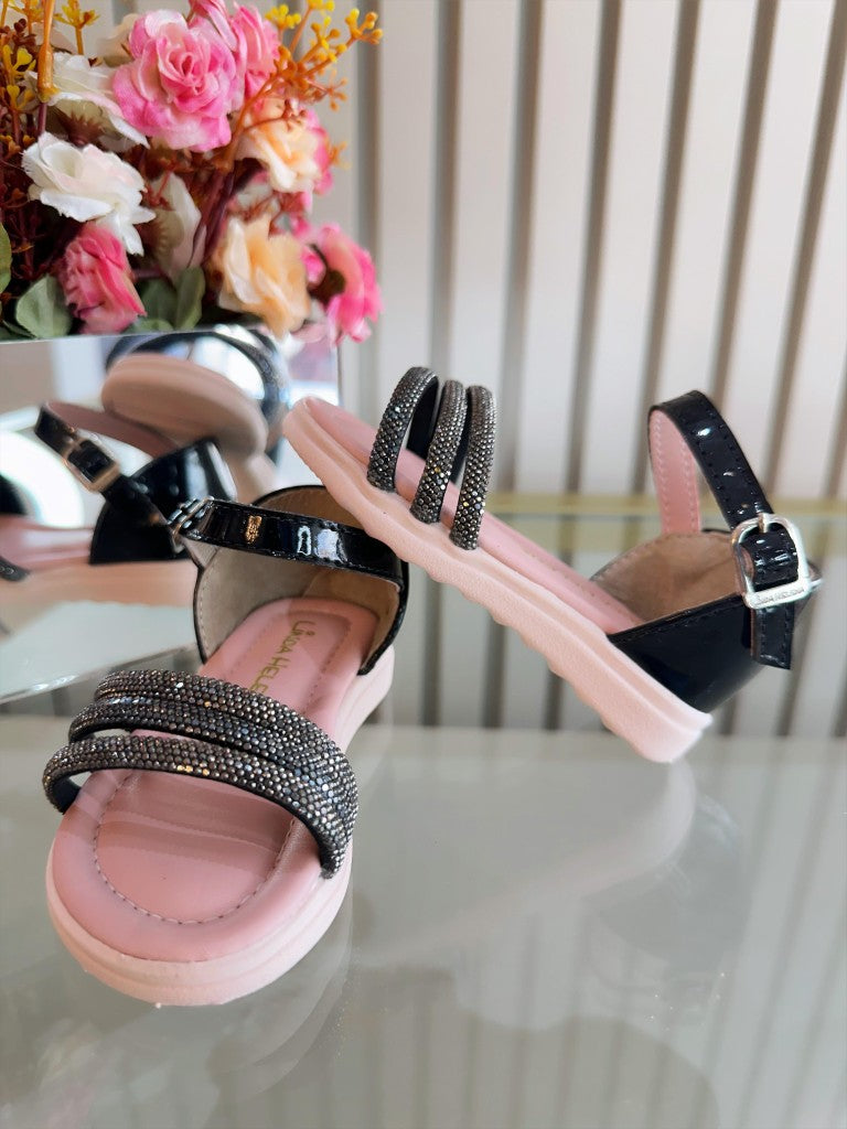 Sandália Infantil Luxo Preto Verniz com Strass