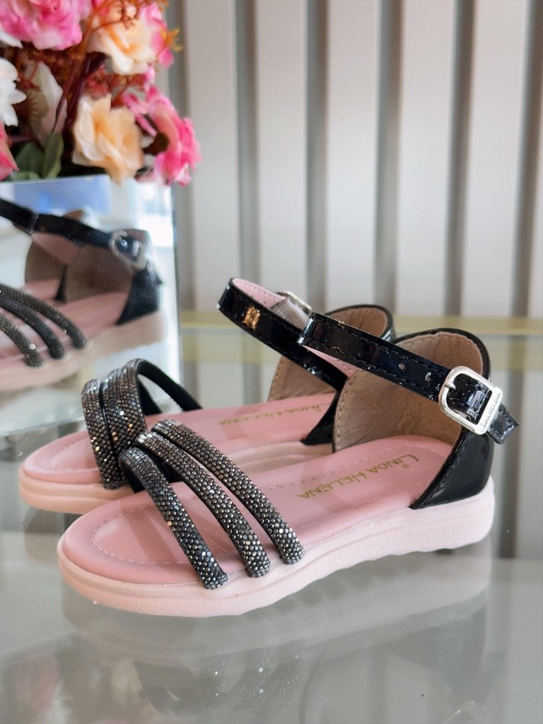 Sandália Infantil Luxo Preto Verniz com Strass