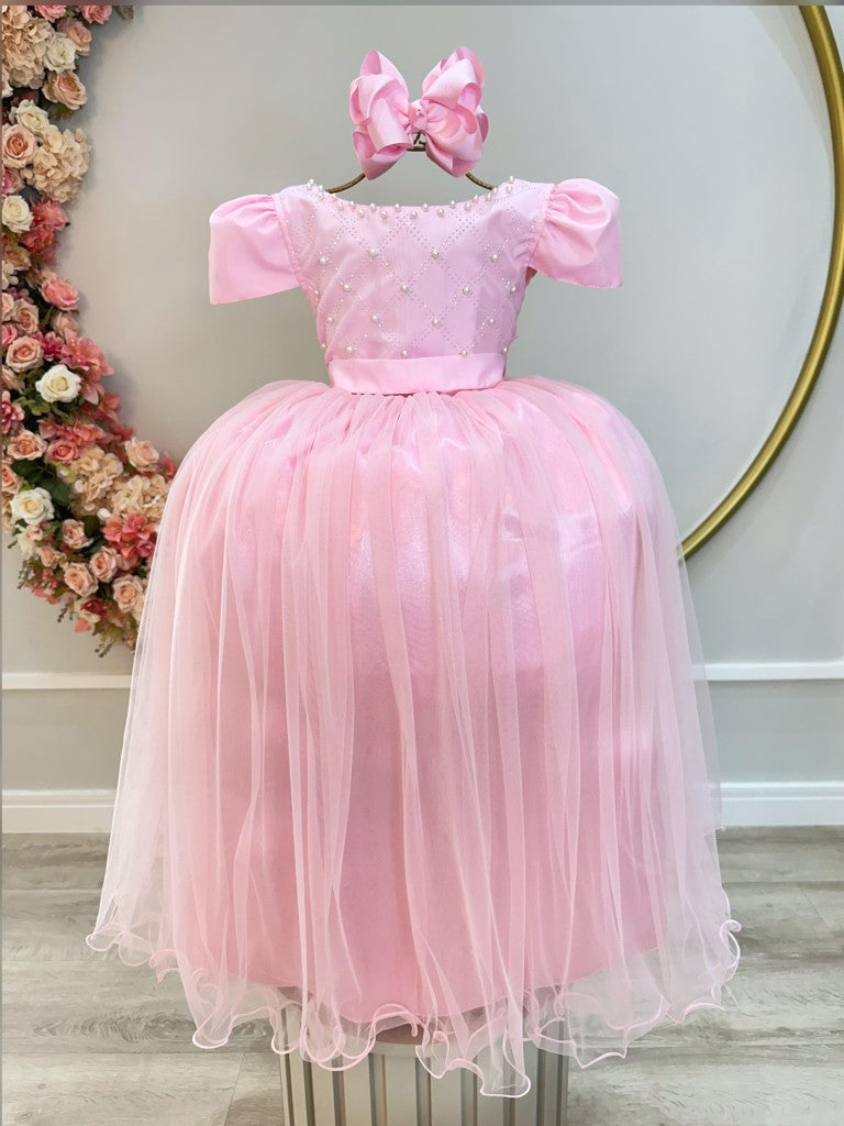 Vestido Longo Rosa Infantil Com Strass e Pérolas Para Daminhas