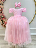 Vestido Longo Rosa Infantil Com Strass e Pérolas Para Daminhas