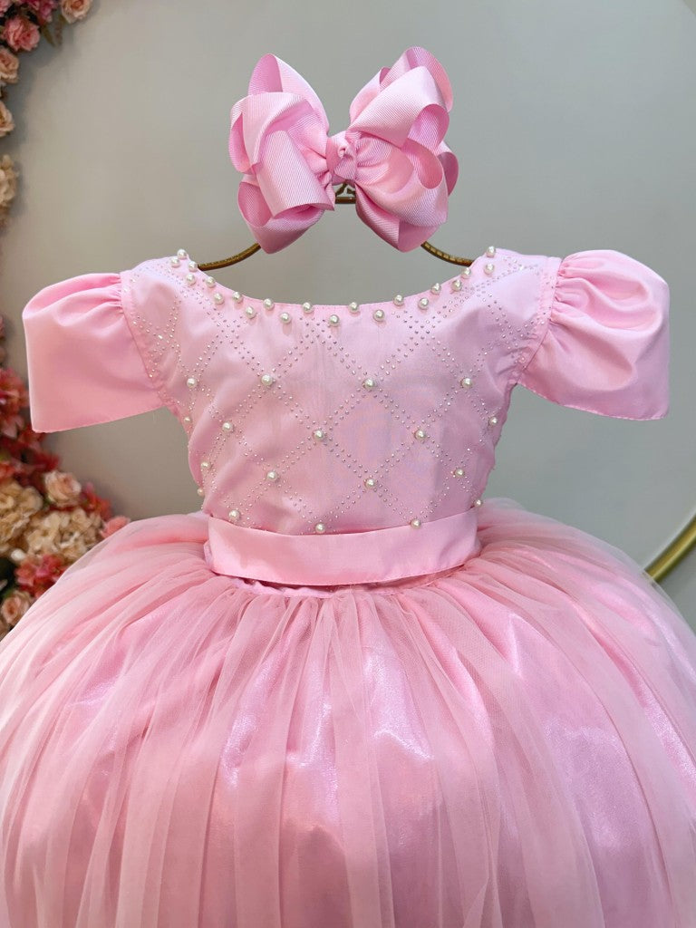 Vestido Longo Rosa Infantil Com Strass e Pérolas Para Daminhas
