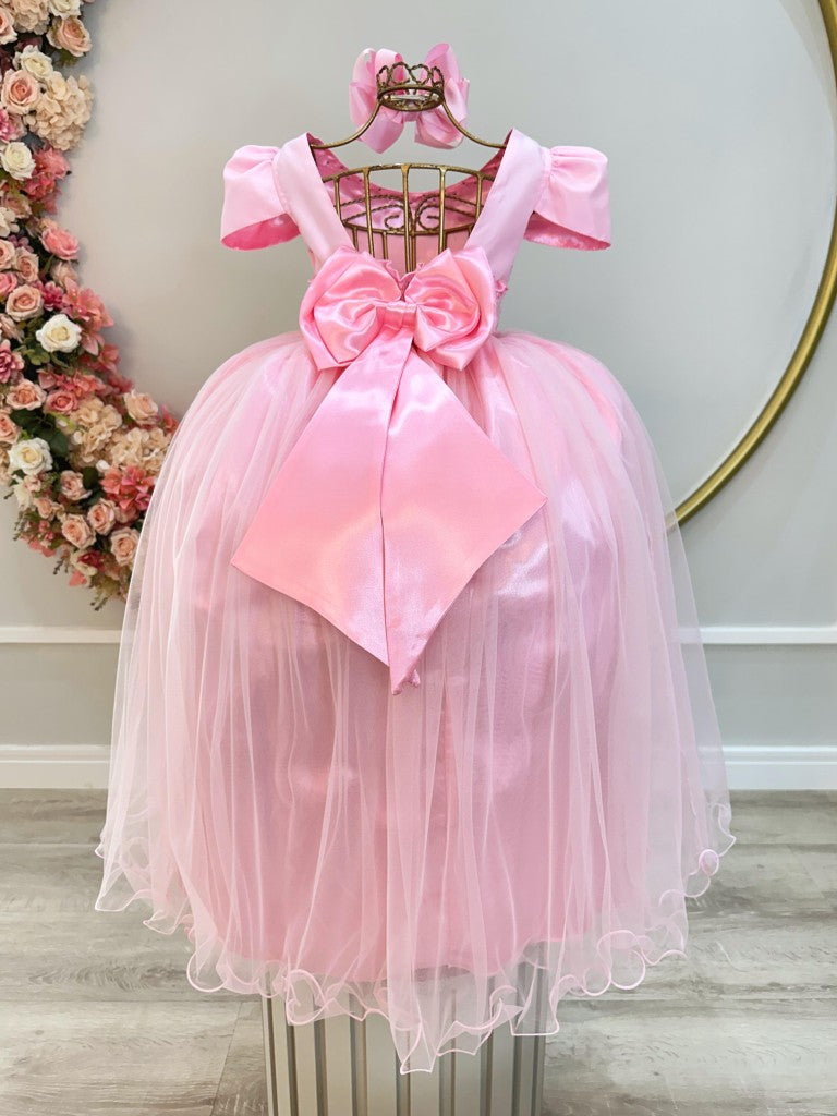 Vestido Longo Rosa Infantil Com Strass e Pérolas Para Daminhas