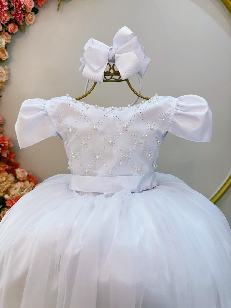 Vestido Longo Infantil Branco com Strass e Pérolas para Daminhas