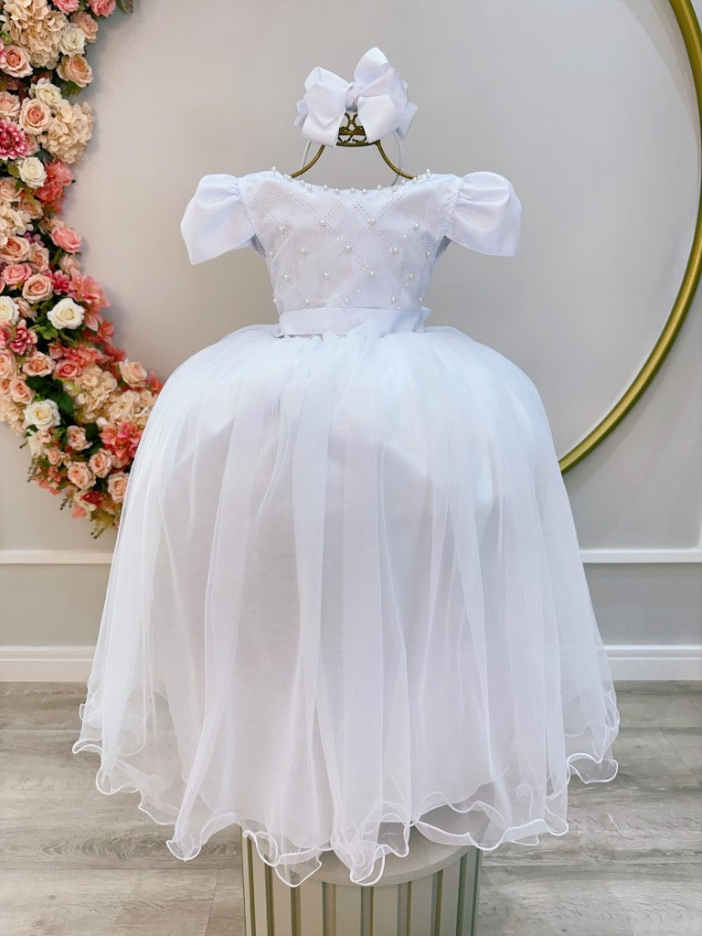 Vestido Longo Infantil Branco com Strass e Pérolas para Daminhas