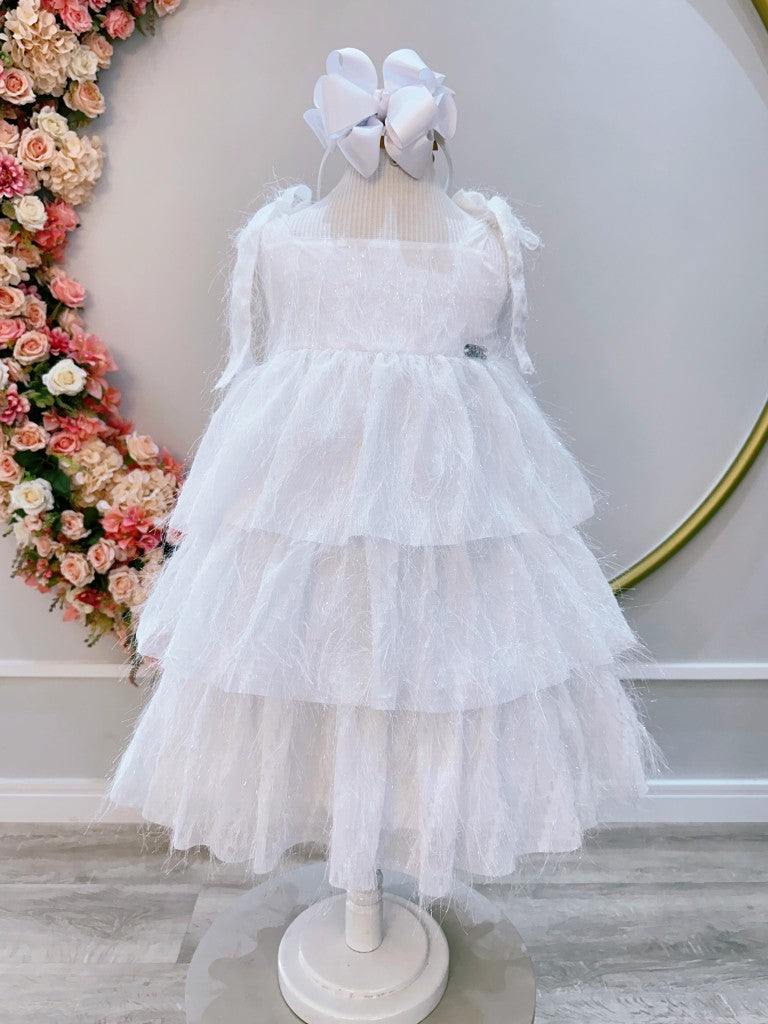 Vestido Infantil Branco de Alça com Plumas Luxo