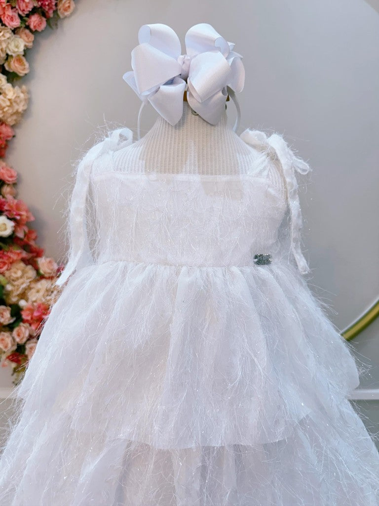 Vestido Infantil Branco de Alça com Plumas Luxo