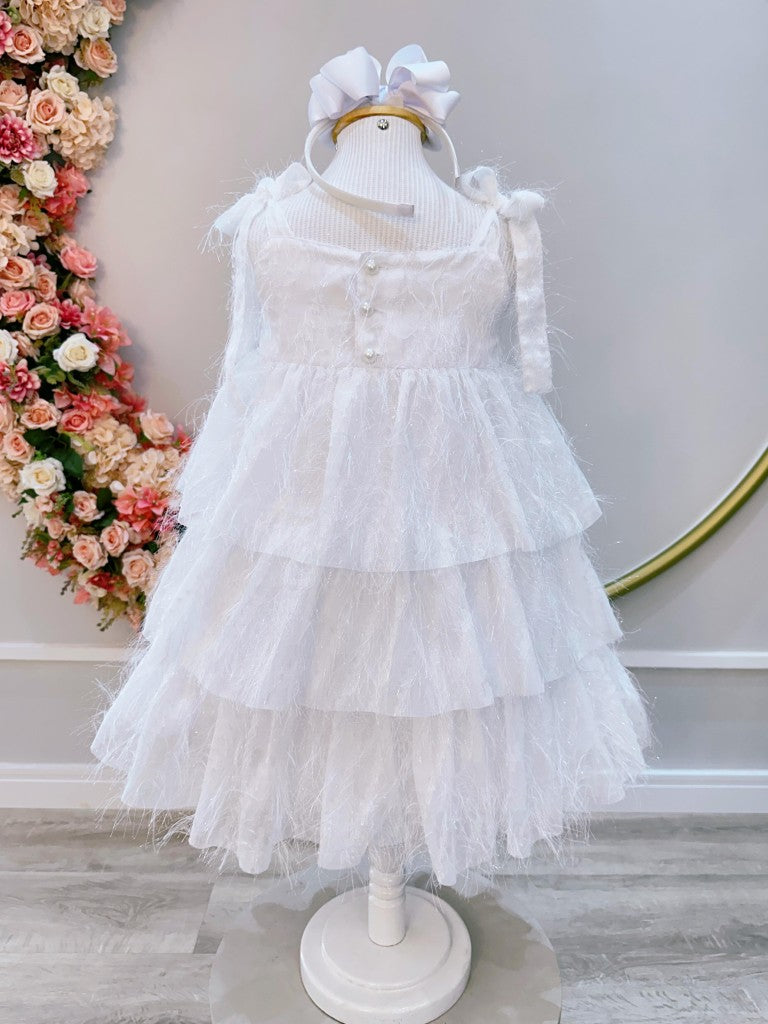 Vestido Infantil Branco de Alça com Plumas Luxo