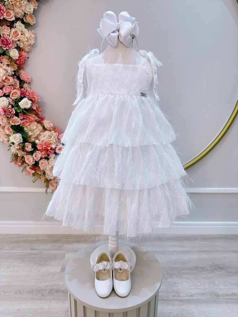 Vestido Infantil Branco de Alça com Plumas Luxo