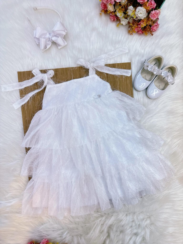 Vestido Infantil Branco de Alça com Plumas Luxo