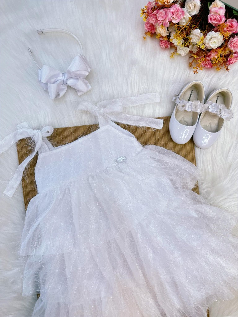Vestido Infantil Branco de Alça com Plumas Luxo