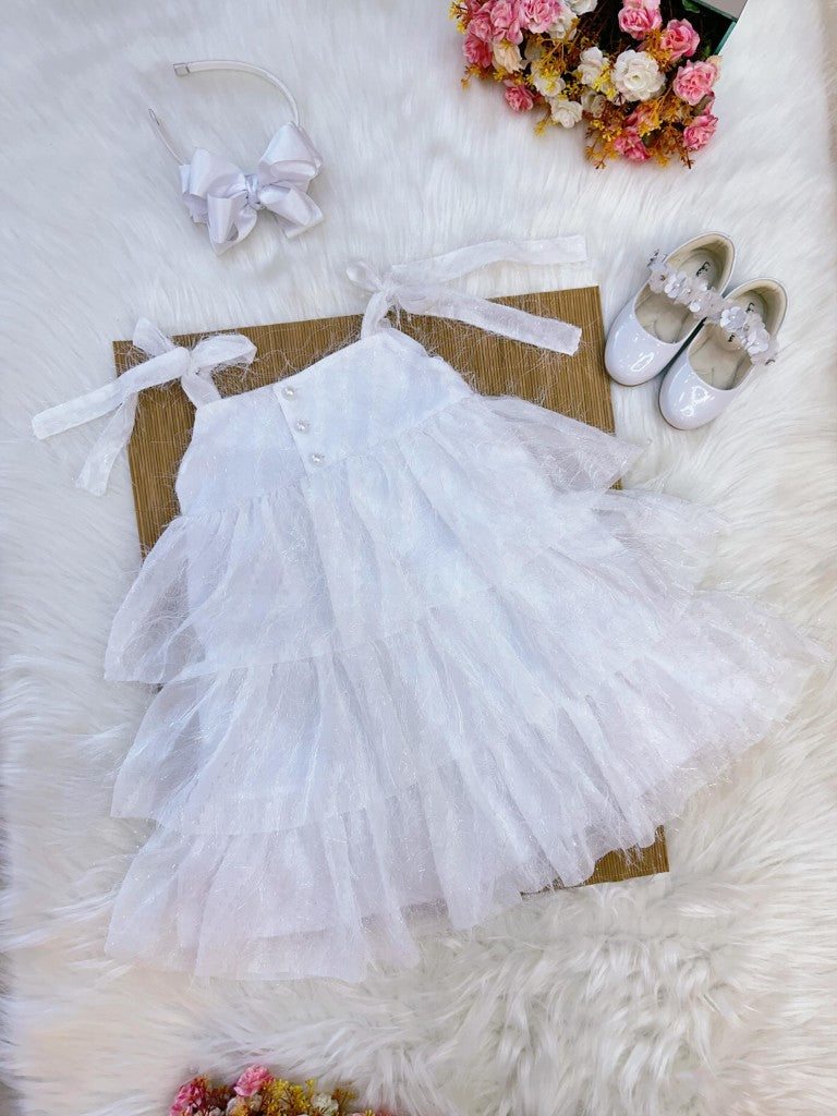 Vestido Infantil Branco de Alça com Plumas Luxo