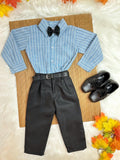 Conjunto Social Luxo Infantil Camisa Azul e Calça Preta com Cinto
