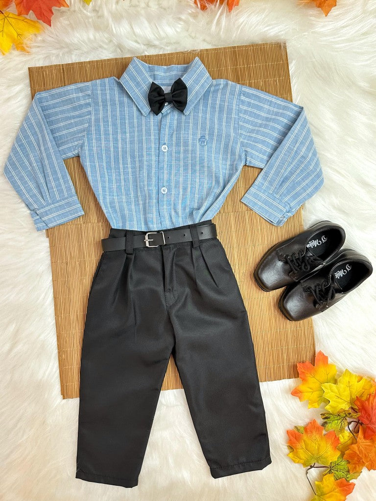 Conjunto Social Luxo Infantil Camisa Azul e Calça Preta com Cinto