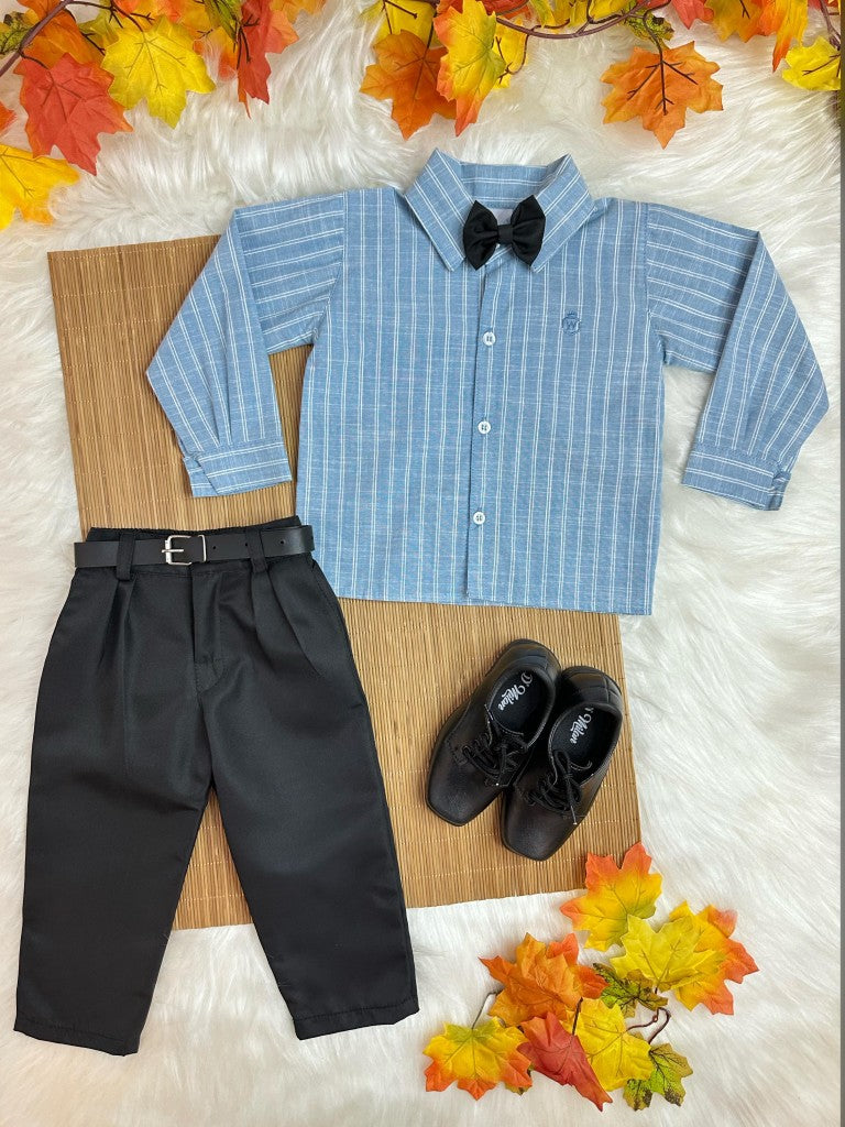 Conjunto Social Luxo Infantil Camisa Azul e Calça Preta com Cinto