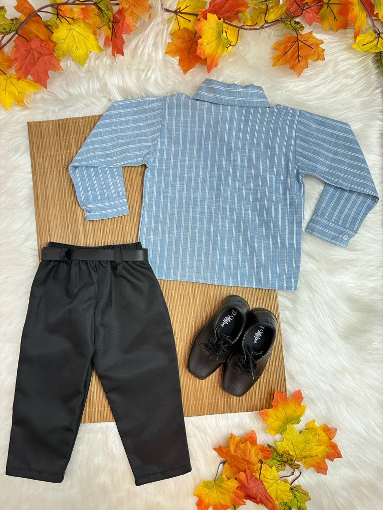 Conjunto Social Luxo Infantil Camisa Azul e Calça Preta com Cinto