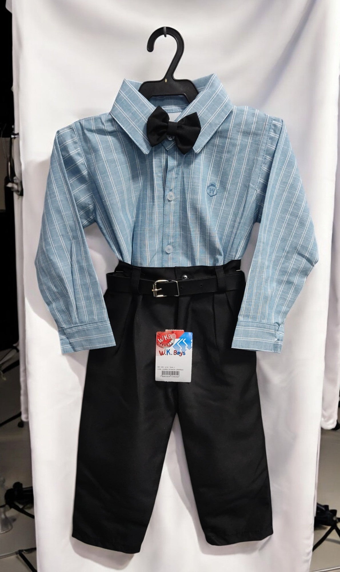 Conjunto Social Luxo Infantil Camisa Azul e Calça Preta com Cinto