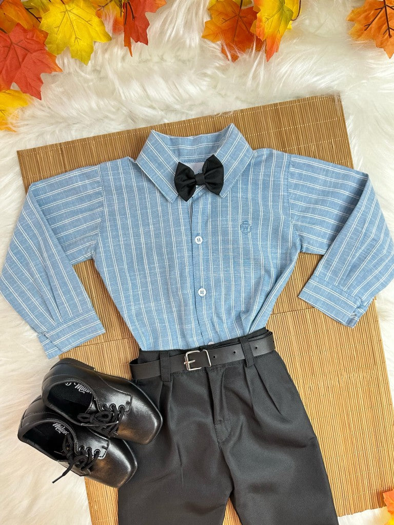 Conjunto Social Luxo Infantil Camisa Azul e Calça Preta com Cinto