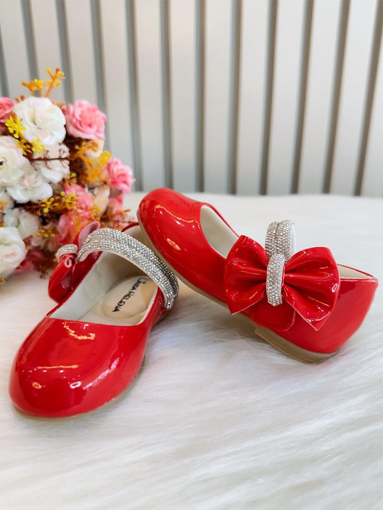 Sapatinho Infantil Vermelho Verniz com Lacinho e Strass para Festas