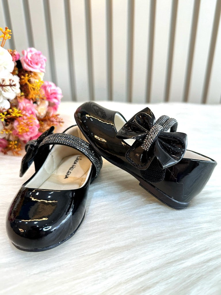 Sapatinho Infantil Preto Verniz com Lacinho e Tiras de Strass