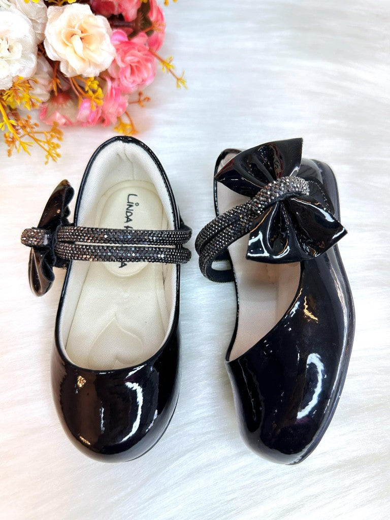 Sapatinho Infantil Preto Verniz com Lacinho e Tiras de Strass