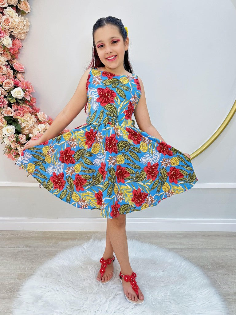 Vestido Infantil Azul Colorido Casual de Alça para Primavera e Verão