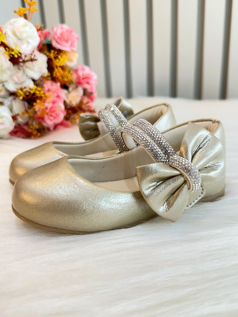 Sapatinho Infantil Ouro Fosco com Lacinho e Strass para Festas