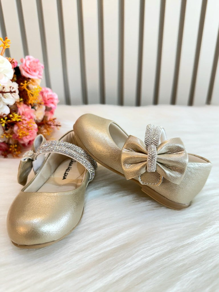 Sapatinho Infantil Ouro Fosco com Lacinho e Strass Luxo