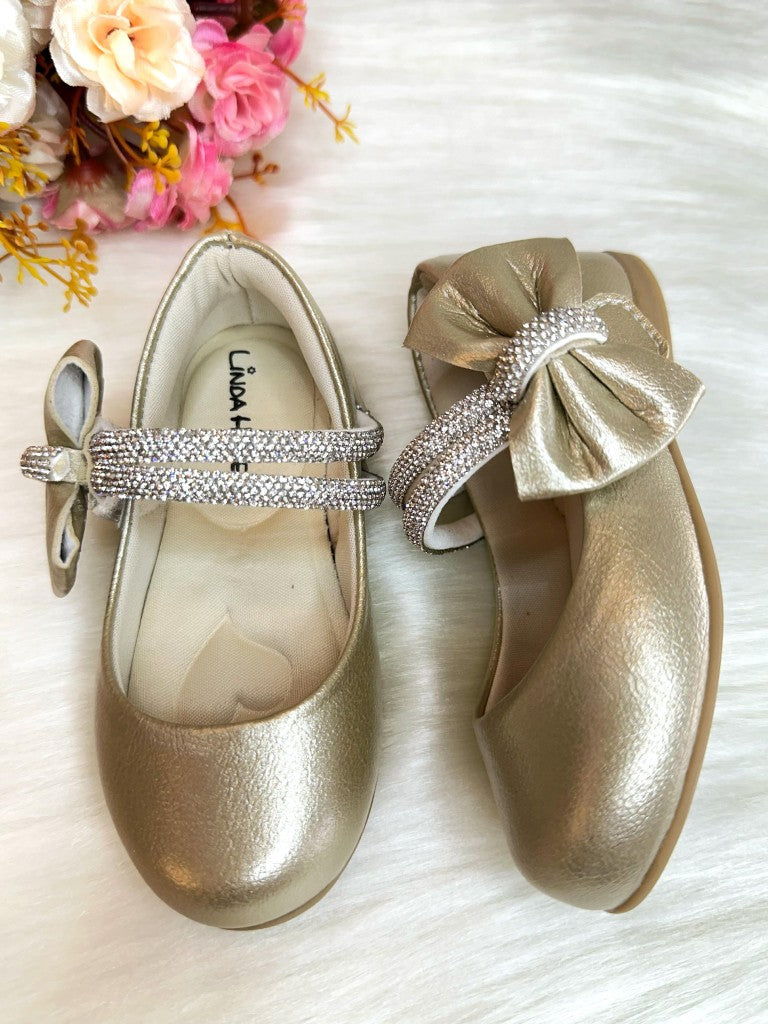Sapatinho Infantil Ouro Fosco com Lacinho e Strass Luxo