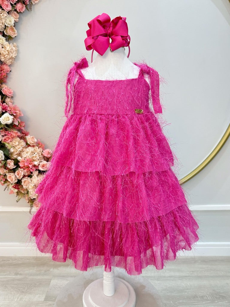 Vestido Infantil Luxo Pink de Alça com Plumas