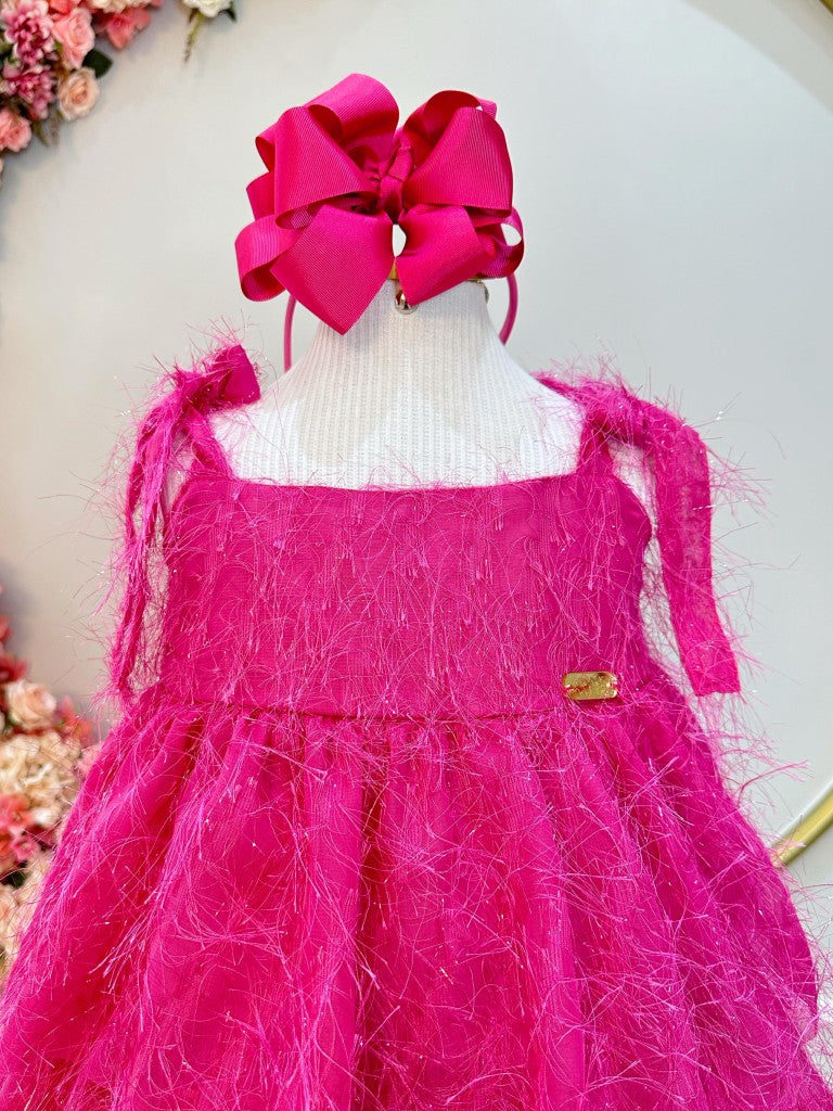 Vestido Infantil Luxo Pink de Alça com Plumas