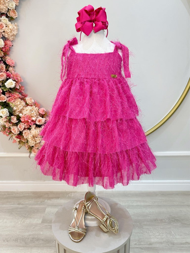 Vestido Infantil Luxo Pink de Alça com Plumas