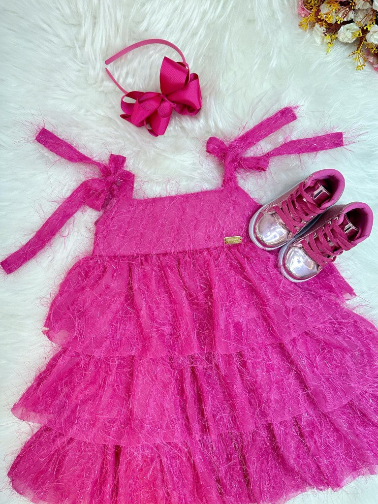Vestido Infantil Luxo Pink de Alça com Plumas