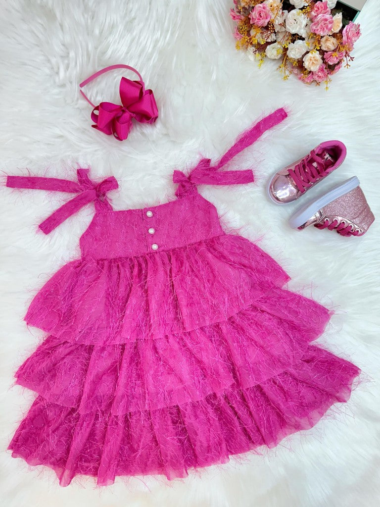 Vestido Infantil Luxo Pink de Alça com Plumas