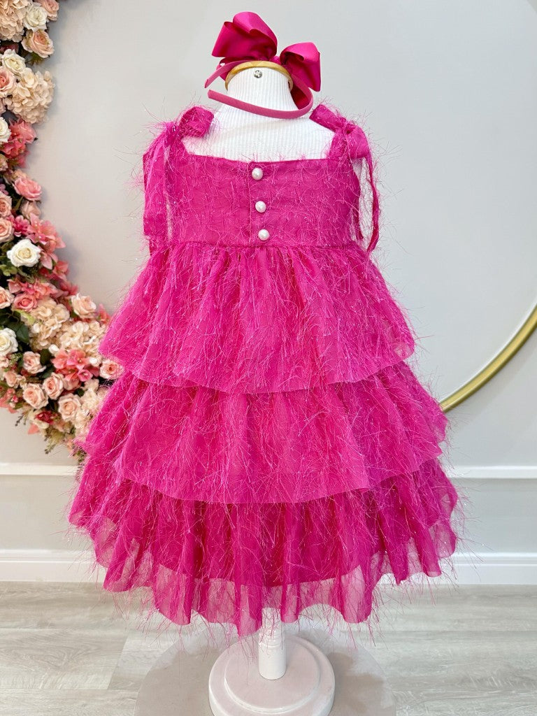 Vestido Infantil Luxo Pink de Alça com Plumas