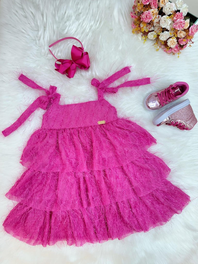 Vestido Infantil Luxo Pink de Alça com Plumas