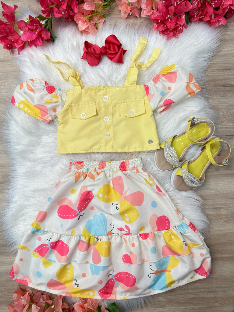 Blusa Amarela e Saia Borboletas Coloridas para Meninas Casual