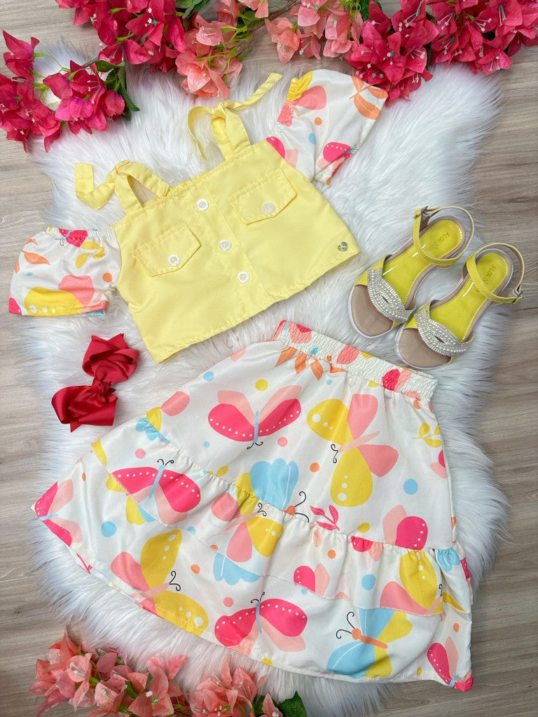 Blusa Amarela e Saia Borboletas Coloridas para Meninas Casual