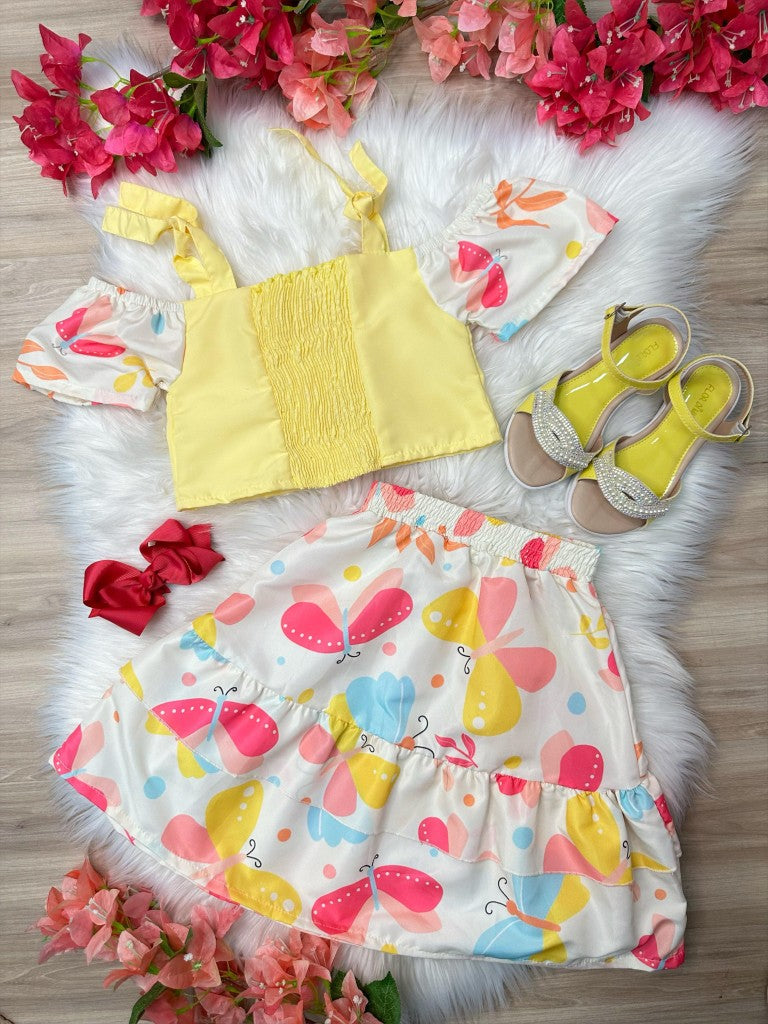 Blusa Amarela e Saia Borboletas Coloridas para Meninas Casual