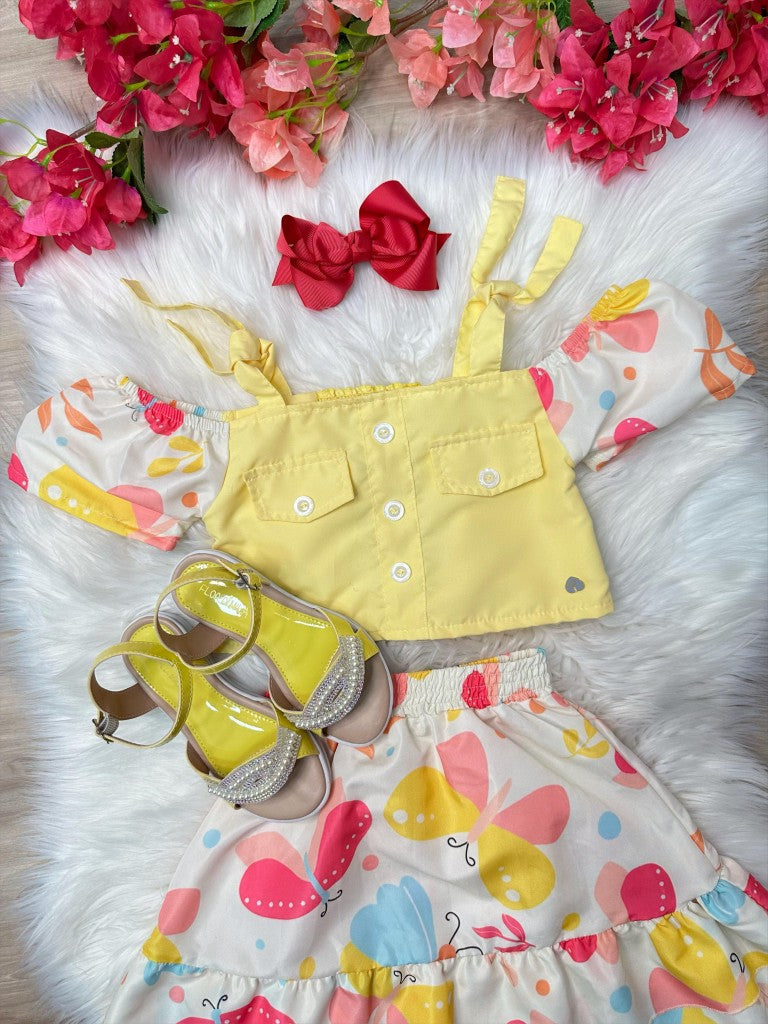 Blusa Amarela e Saia Borboletas Coloridas para Meninas Casual