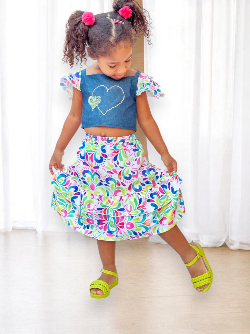 Conjunto Casual de Blusa Jeans e Saia Colorida para Meninas
