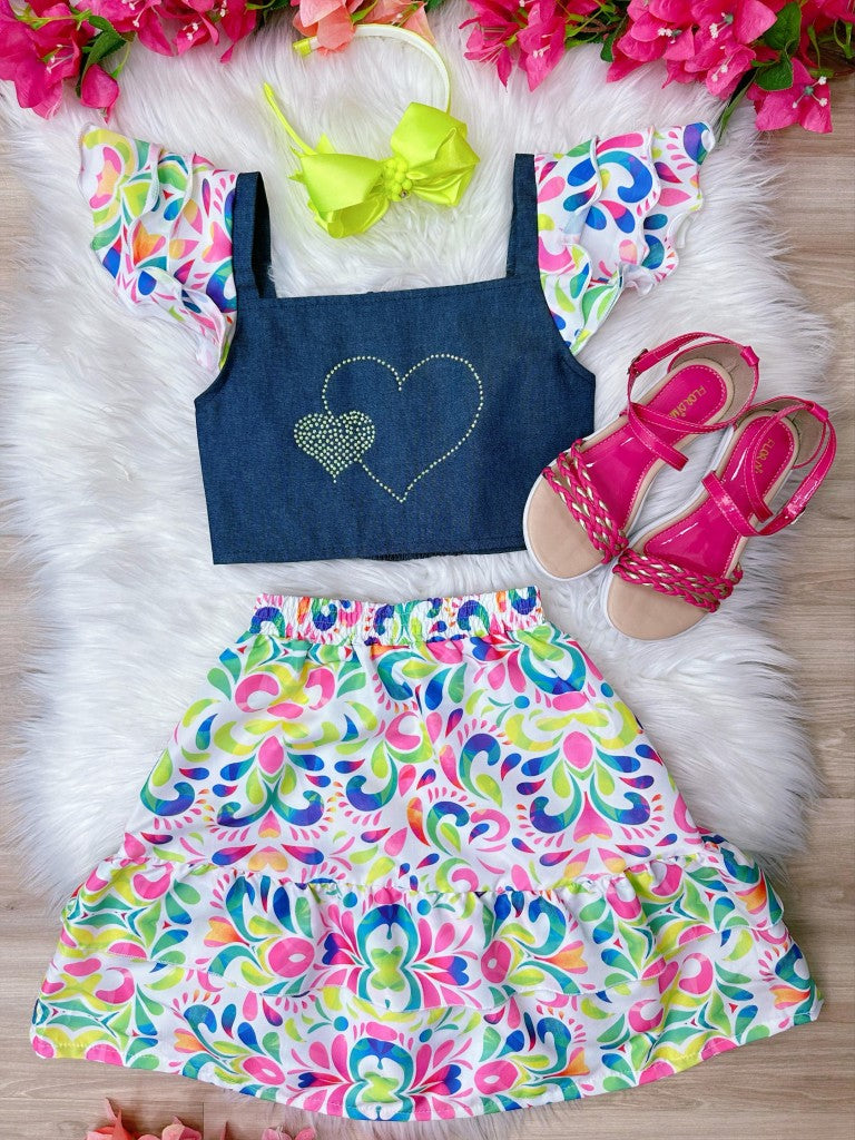 Conjunto Casual de Blusa Jeans e Saia Colorida para Meninas